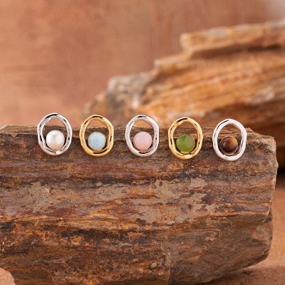 Natural Larimar Hetian Jade and Pearl Stud Earrings
